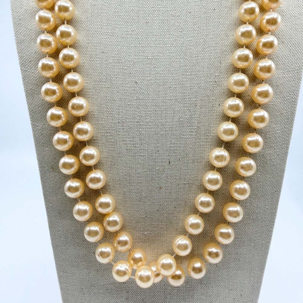 Vintage Cream Faux Pearl Double Strand Necklace Endless Layering Boho Classic